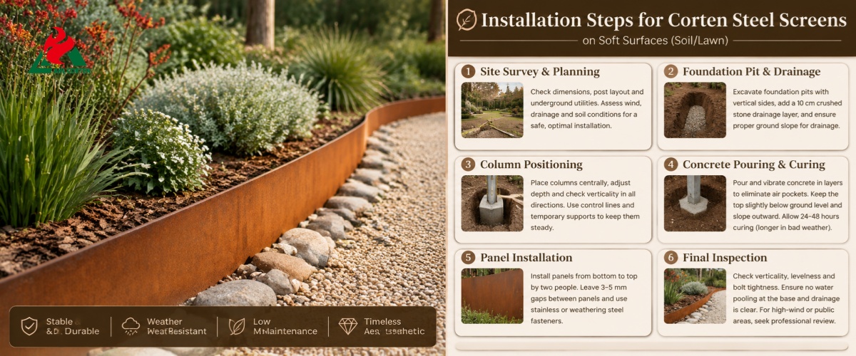 Installation Steps for Corten Steel Screens on Soft Surfaces